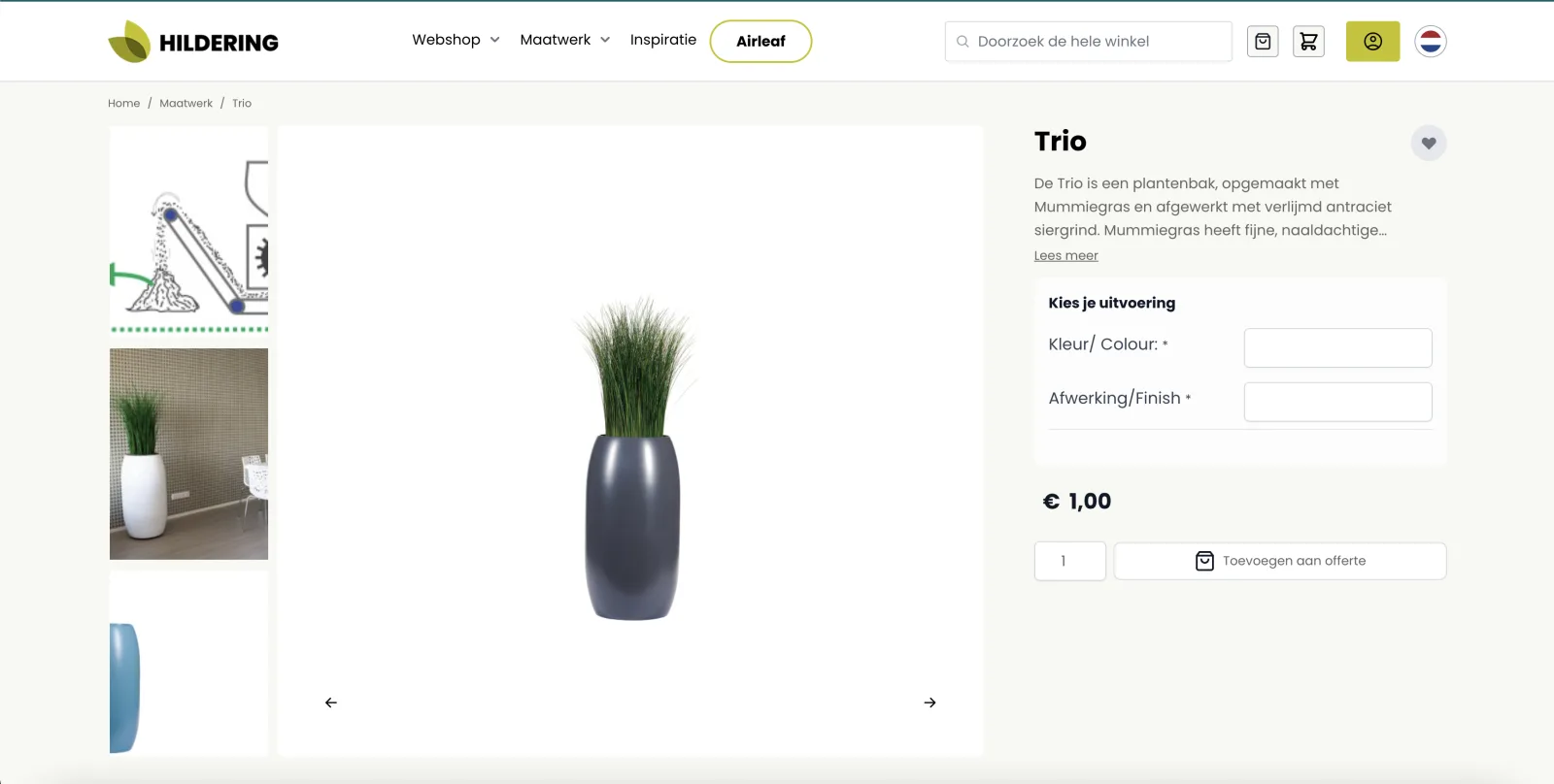Configureerbaar maatwerkproduct Trio met keuze voor kleur en afwerking, toevoegen aan offerte