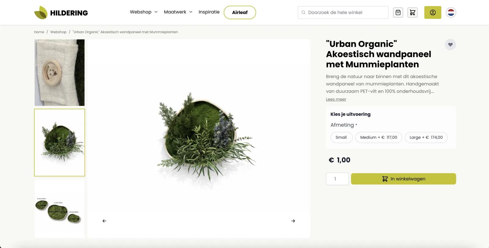 Maatwerk Urban Organic akoestisch wandpaneel met mummieplanten en afmetingkeuze