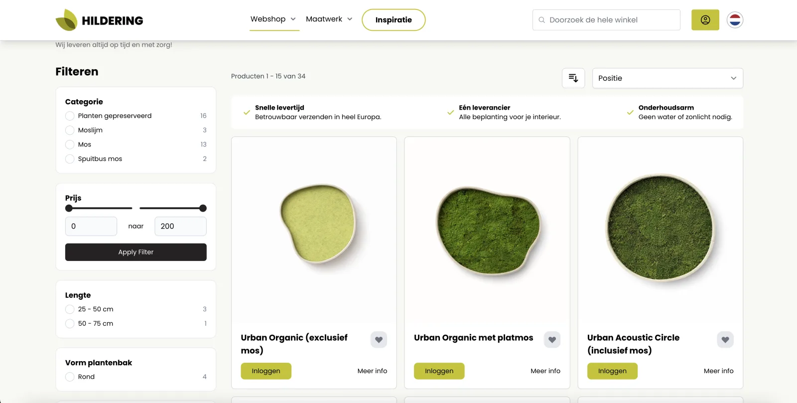 Hildering Groenkunst webshop op Hyvä met categoriefilters en productoverzicht